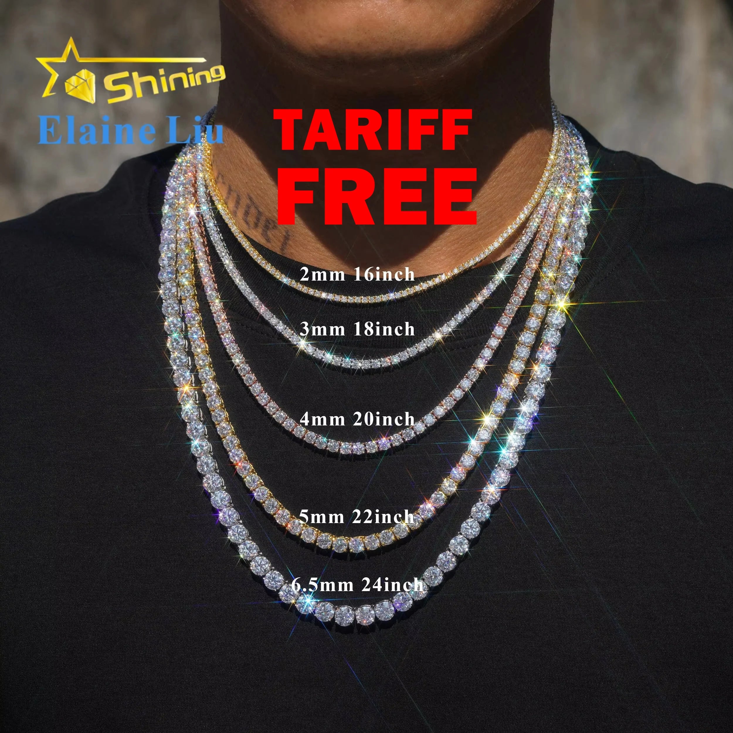 Factory Direct Price Iced Out 2mm 3mm 4mm 5mm 6.5mm VVS Silver 925 Hip Hop VVS Moissanite Lab Diamond Tennis Chain