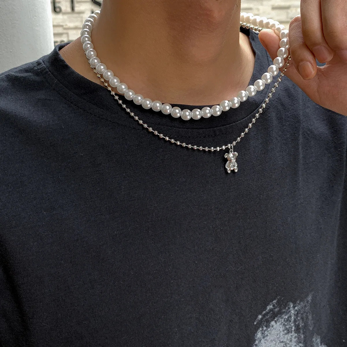 2022 Kaulakorut Men Hip Hop Choker Necklace Wholesale Fashion Double Layered Cute Pearl Bear Pendant Necklace