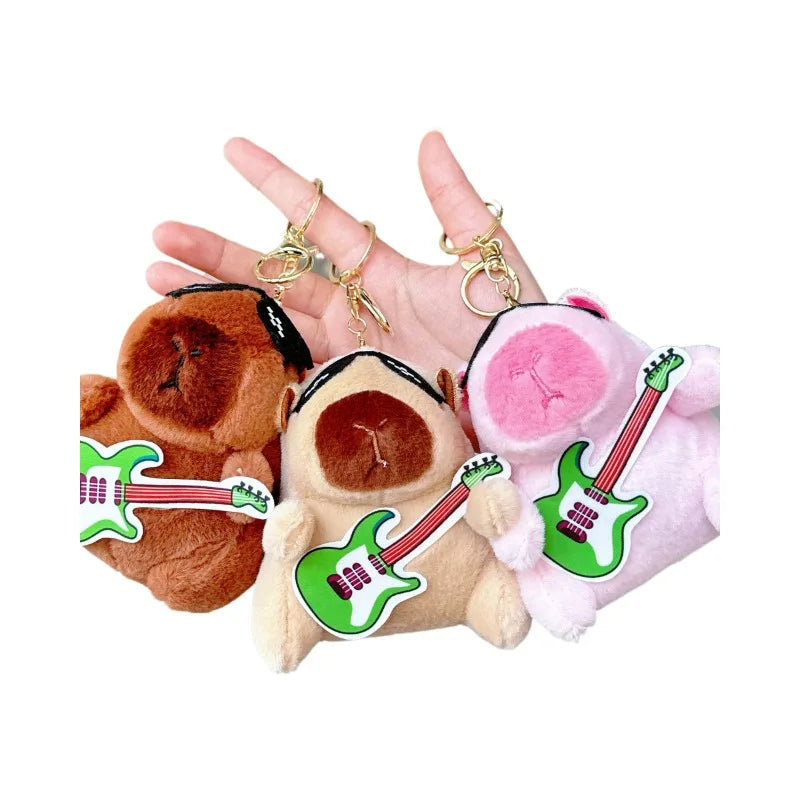 12cm Cute  Plush Guitar Capybara Doll Charm Keychain Cartoon Capybara Pendant Soft Stuffed Toys Car Key Ring Backpack Bag Decor