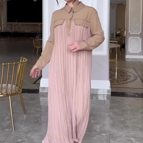 2024 Middle Eastern Fashion Contrasting Color Stitching POLO Collar Long Pleated Dress for Women for Muslims Factory Direct Sale