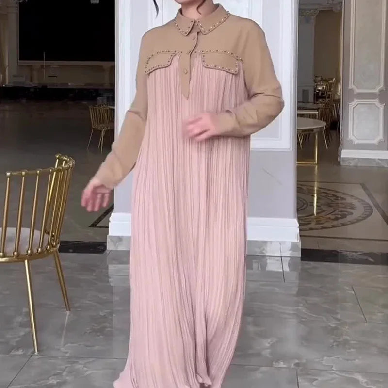2024 Middle Eastern Fashion Contrasting Color Stitching POLO Collar Long Pleated Dress for Women for Muslims Factory Direct Sale