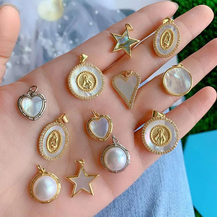 CZ8522 18K Gold CZ Pave Mother of Pearl Shell Star Heart Evil Eyes Medal Virgin Mary Virgin of Guadalupe Pendant