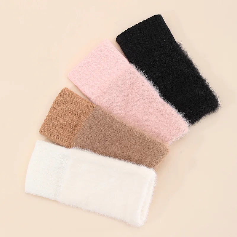 1pair Women Winter Keep Warm Plush Gloves Elasticity Soft Half Fingers Mittens Imitation Mink Fur Knitted Girls Fashion Gloves