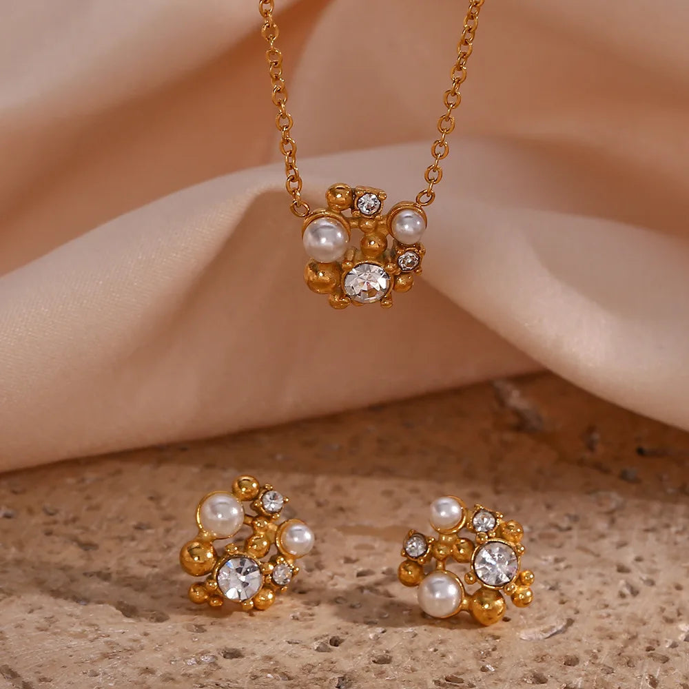 MICCI Non Tarnish Jewelry 18K Pvd Gold Plated Zircon Fashion Pendant Necklaces Earrings Set With Pearl