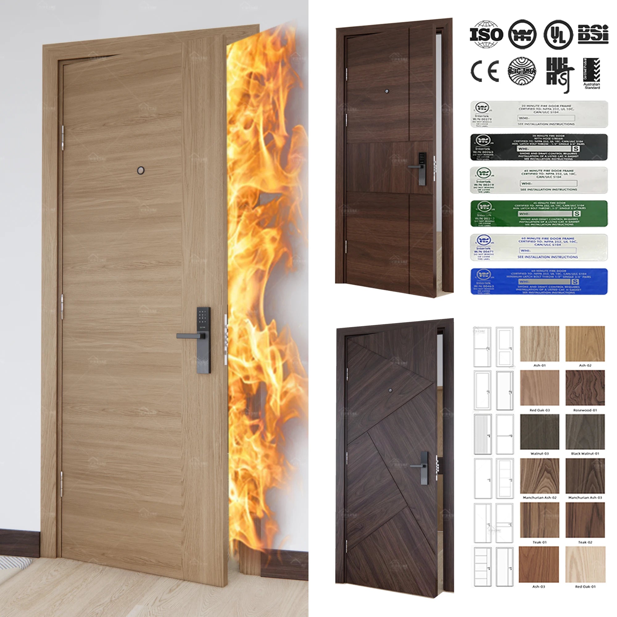 China Top Factory Hotel Project Wood Interior Door EN/Bs/U-l/As Certified Fire Doors with 5 Star Hotel Fire Rated Door