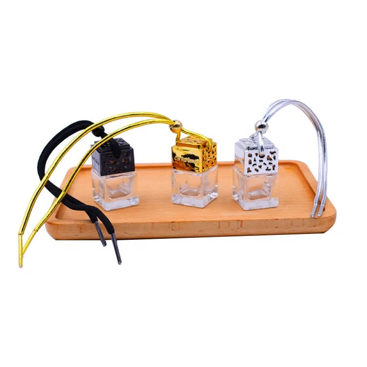 8ml Empty Square Glass Fragrance Waterproof Diffuser Bottle Car Air Freshener Hanging Perfume Bottle Gold Silver Black