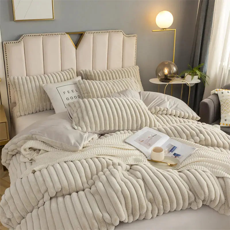 Thickened Like Rabbit Hair Warm Stripe Four-piece Suit Soft Warm Quilt Bed Sheet White Milk Coral Fleece Duvet Cover Bedding Set
