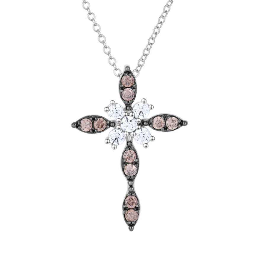 Handcrafted Dainty Rhodium Plated Religious 925 Sterling Silver Cross Pendant with Coffee Brown Zircon