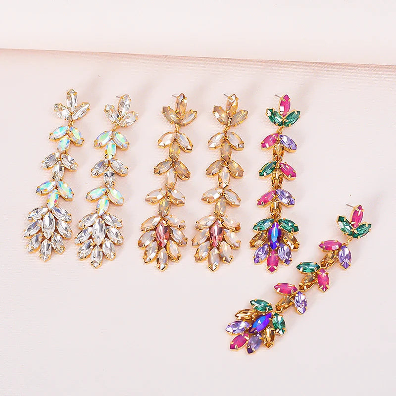 Exaggerated Long Glass Drill Leaves Earrings Gorgeous Colorful Rhinestones Leaf Shaped Wholesale Earrings