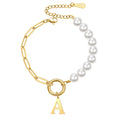 Wholesale Custom Letter Bracelet Half Pearl Half Stainless Steel Chain Bracelet Real Freshwater Pearl Bangle Jewelry