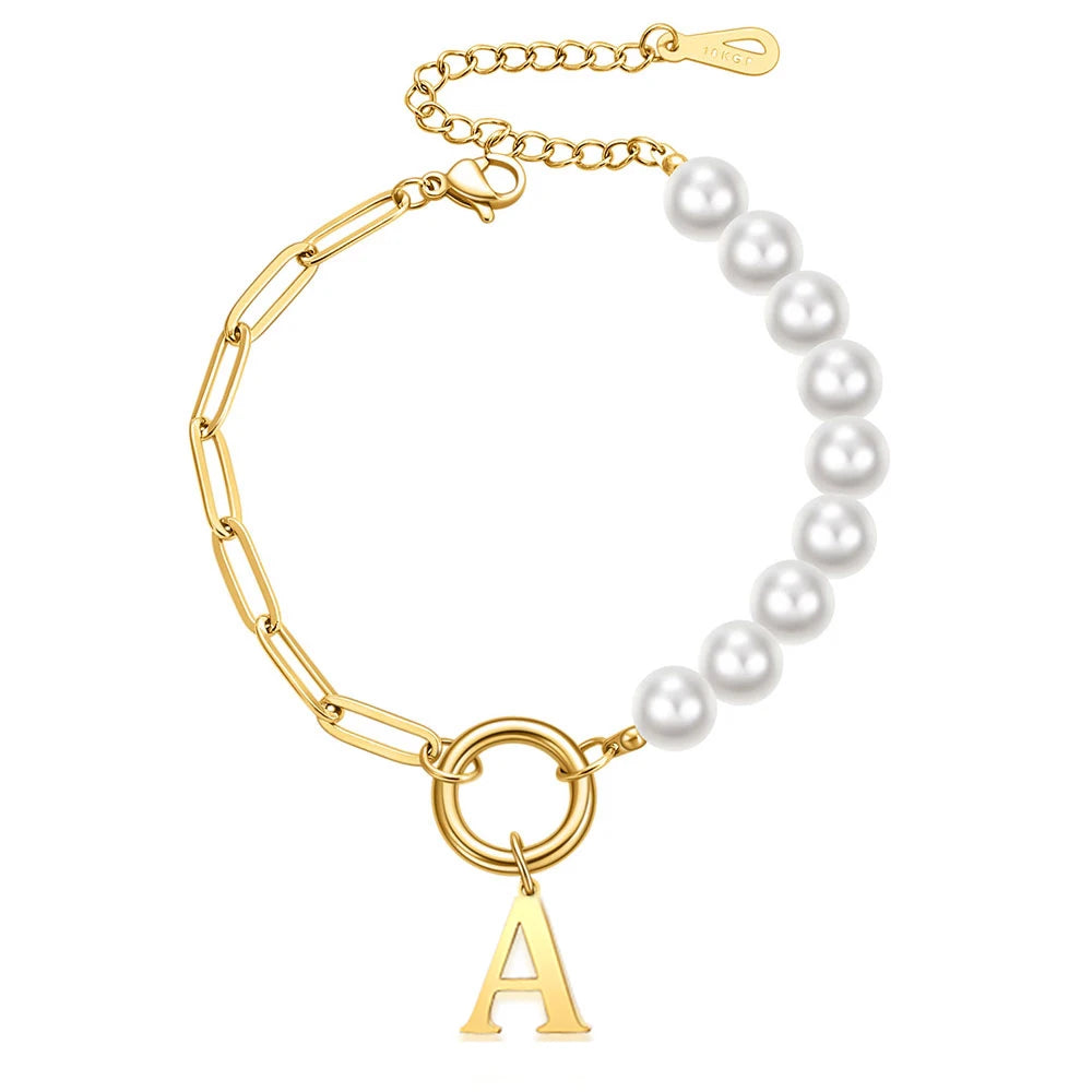 Wholesale Custom Letter Bracelet Half Pearl Half Stainless Steel Chain Bracelet Real Freshwater Pearl Bangle Jewelry