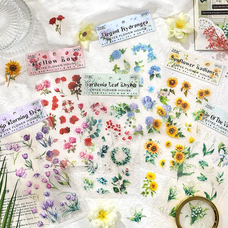 6 Sheets Per Pack Yashihuashe Cut Film Handbook Stickers Retro Waterproof Pet Flower Handbook Stickers