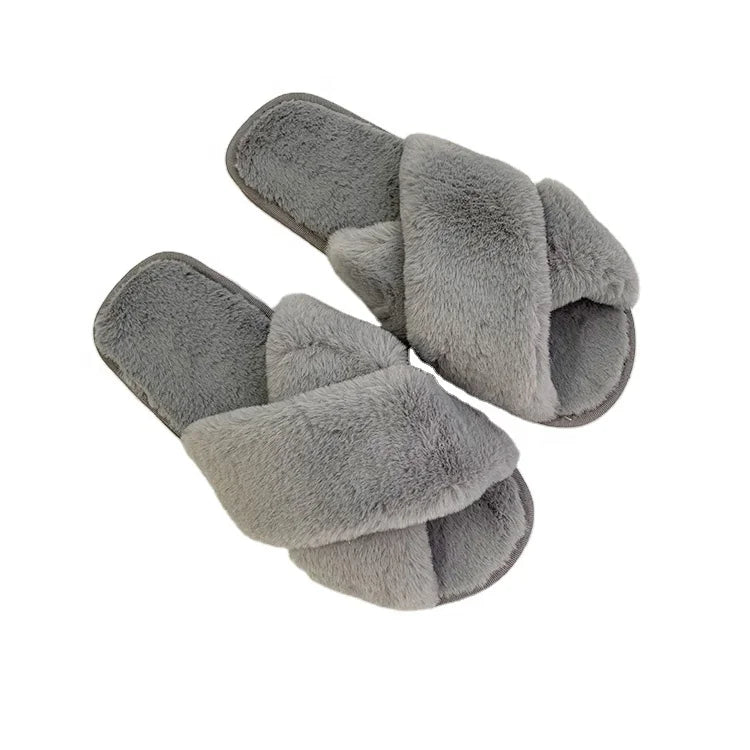 Factory Low MOQ Custom Wholesale Fashionable Cross Band Faux Fur Slippers Spring House Open Toe Fur Sole Slides for Women