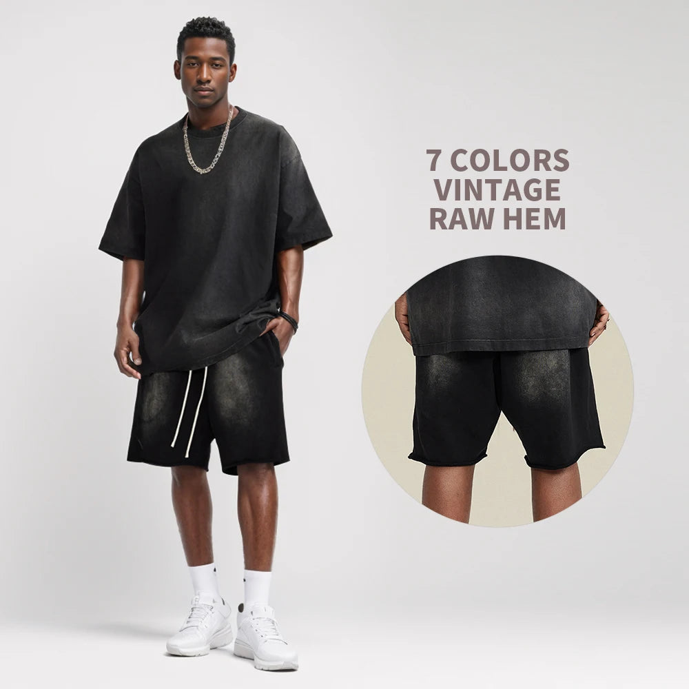 Gelan 440gsm Heavyweight Customization Summer High Street Vintage Elastic Waist Blank Acid Wash Shorts for Men