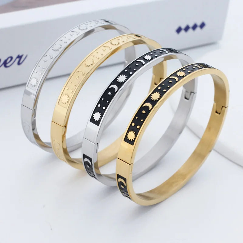 New Waterproof Universe Stainless Steel Bangles Bracelets Black Enamel Moon and Sun Bangles for Women