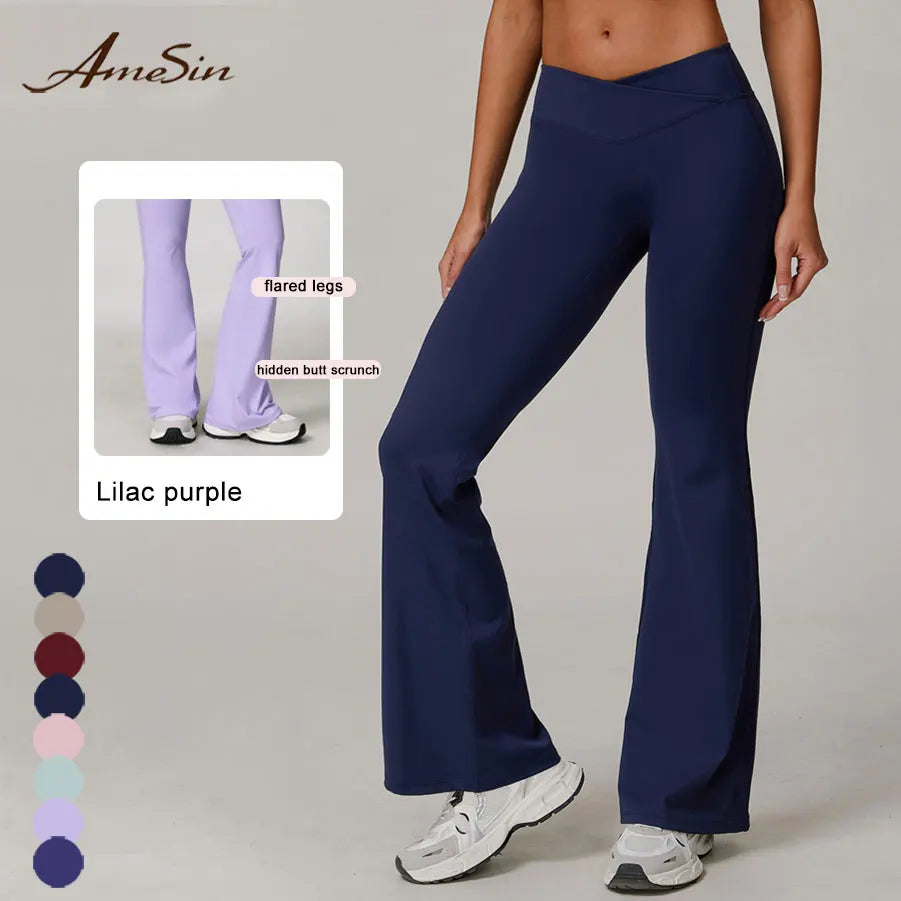 Cross V Waistband Wide Leg Sports Flared Trouser High Waist Butt Lifting Fitness Pants Flare Yoga Bell Bottom Leggings for Women