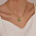 Flower Retro 18K Gold Plated Enamel Jewelry Stainless Steel Geometric Olivine Pendant Necklace for Women