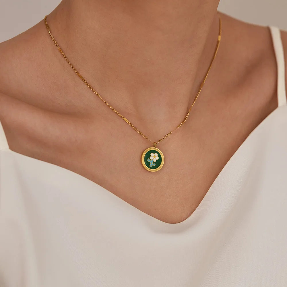 Flower Retro 18K Gold Plated Enamel Jewelry Stainless Steel Geometric Olivine Pendant Necklace for Women
