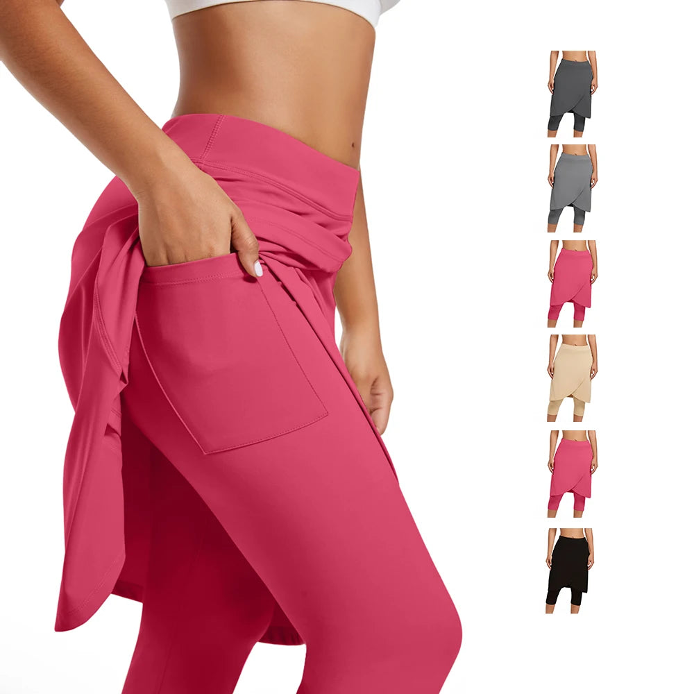 Youyi Women's High Waist Athletic Running Skirts Knee-Length Skorts Capri Legging Pocket Golf Tennis Workouts Outdoor Activities