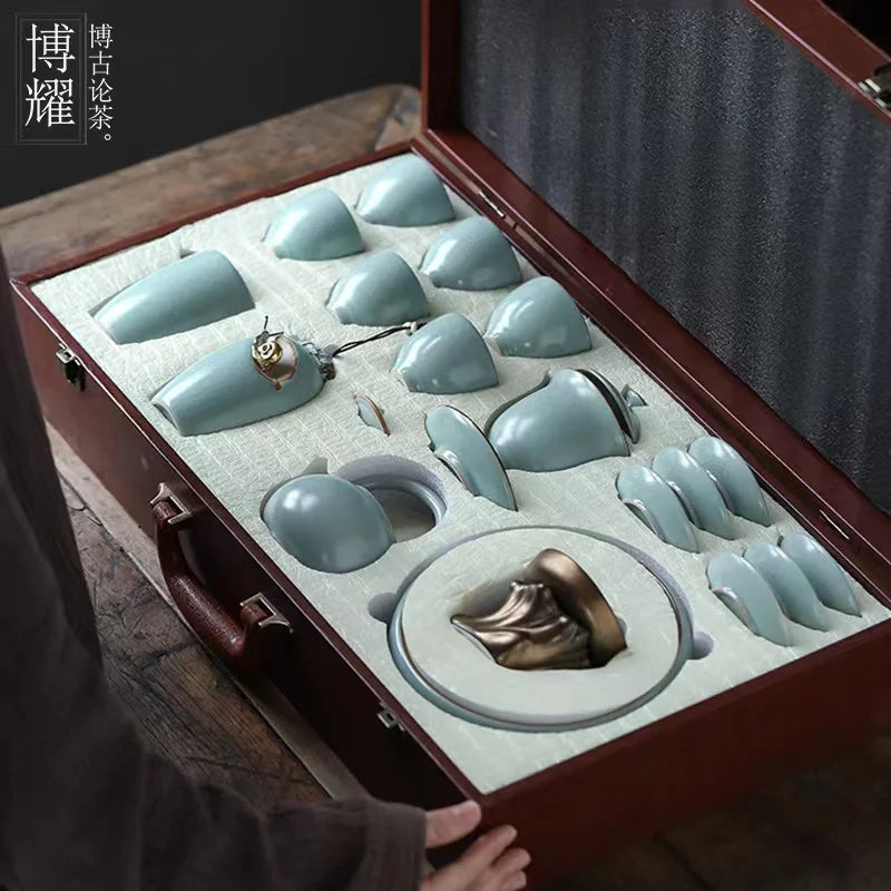 Ru Kiln Kung Fu Tea Set Ru-porcelain Teacup Teapot Gaiwan Porcelain Tea Tasting Cup Set of Office Gifts Can Be Customized