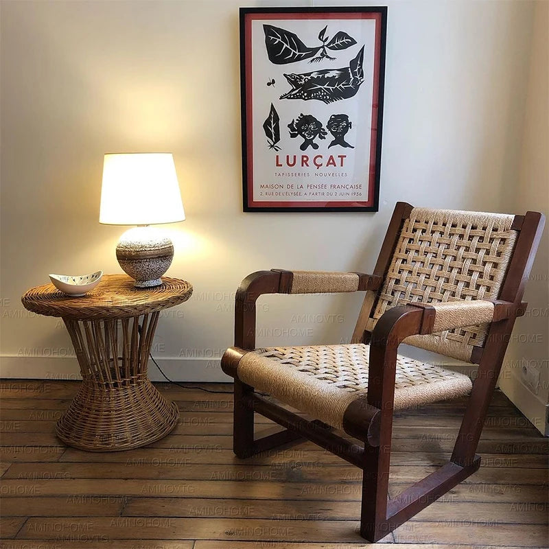 Medieval Wabi-Sabi Retro Solid Wood Armrest Rattan Chair Single Sofa Chair for Living Room Balcony Home Decor Traditional