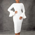 S-3XL Winter New Fashionable Solid Color Hip Wrapped Dress Horn Sleeve OL African Dress
