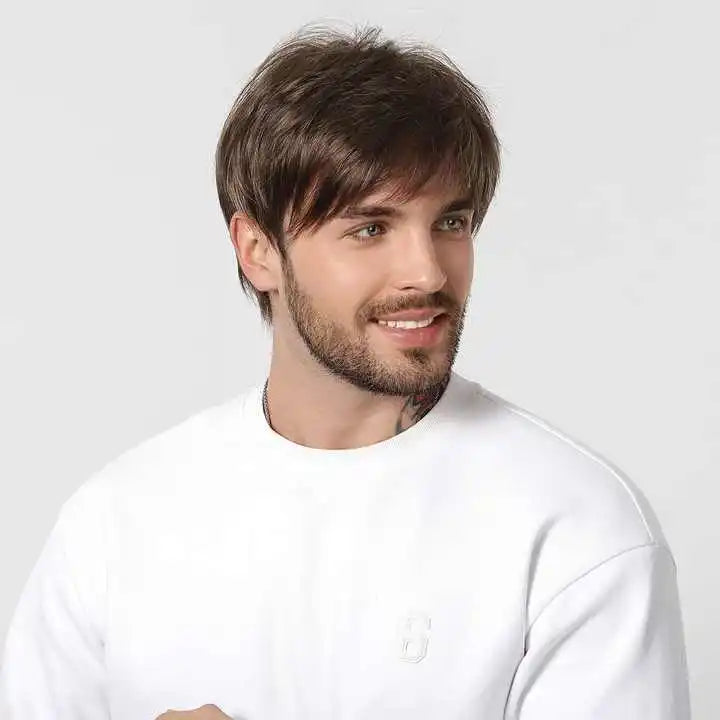 Wholesale 8 Inch Natrual Style Handsome Men Wigs Brown Curly Wig Toupee Synthetic Hair Wig for Men