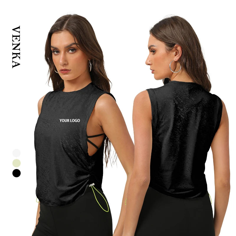 Women Breathable Athletic Wear New Design Hem Drawstring Sports Fitness Loose Round Neck Girl Sleeveless Yoga Tank Top T Shirts