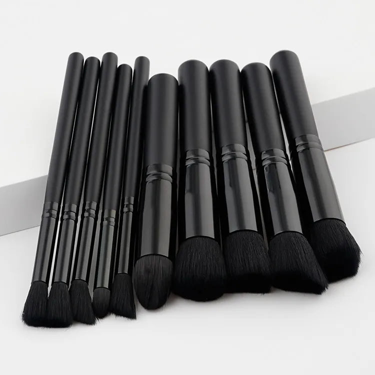 HMU Dropshipping Services Low Moq 10pcs Classic Private Label Wooden Handle Black Makeup Brush Set Private Label