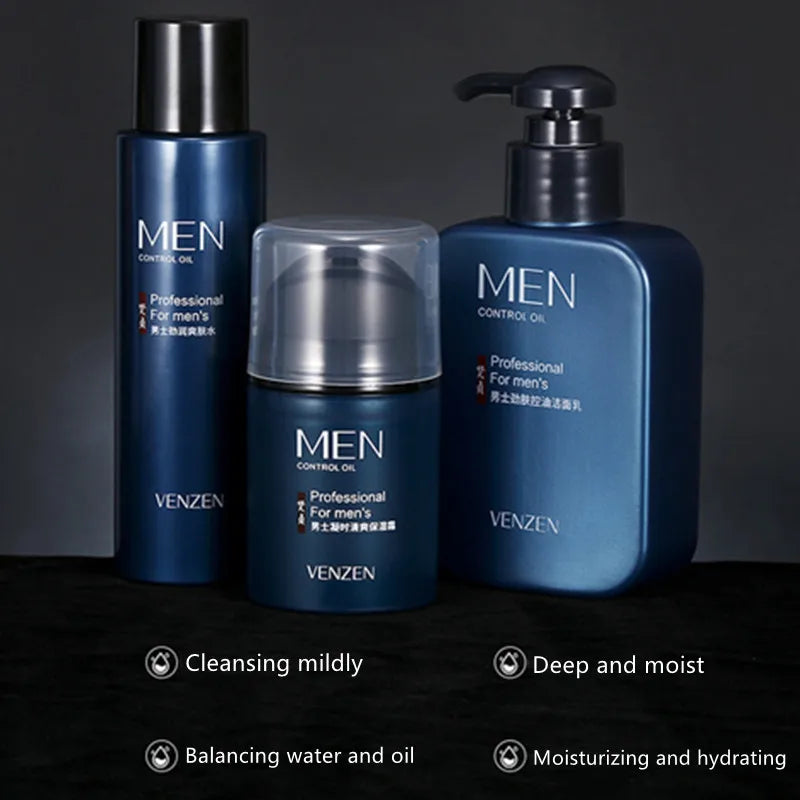VENZEN Men Cosmetic Facial Cleanser Deep Cleansing Hydrating Moisturizing Oil Controlling 3pcs Beauty Skin Care Set with Box