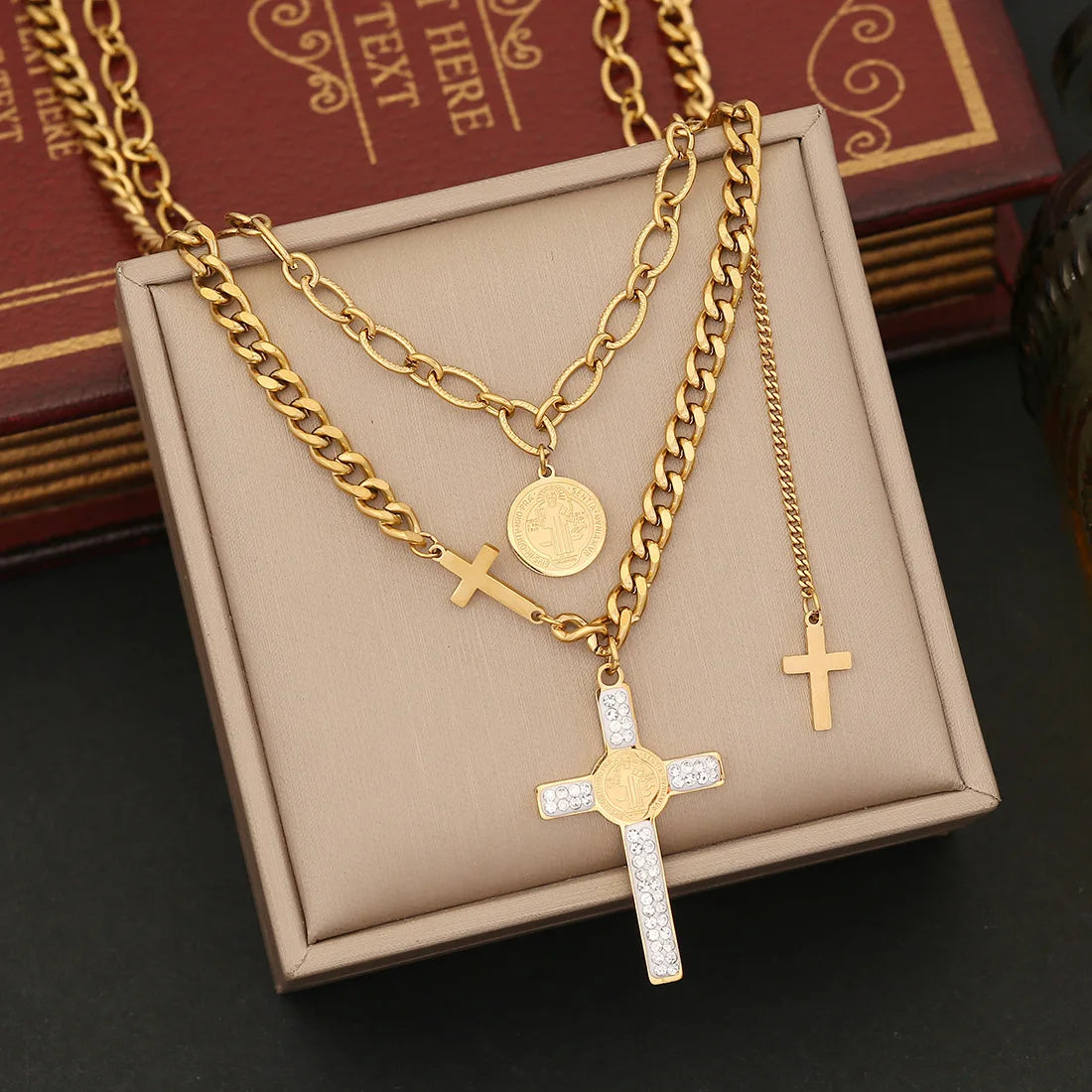 New Stainless Steel Cross Jewelry Set Necklace Earrings 18k Gold Plated Tarnish Free Set for Women