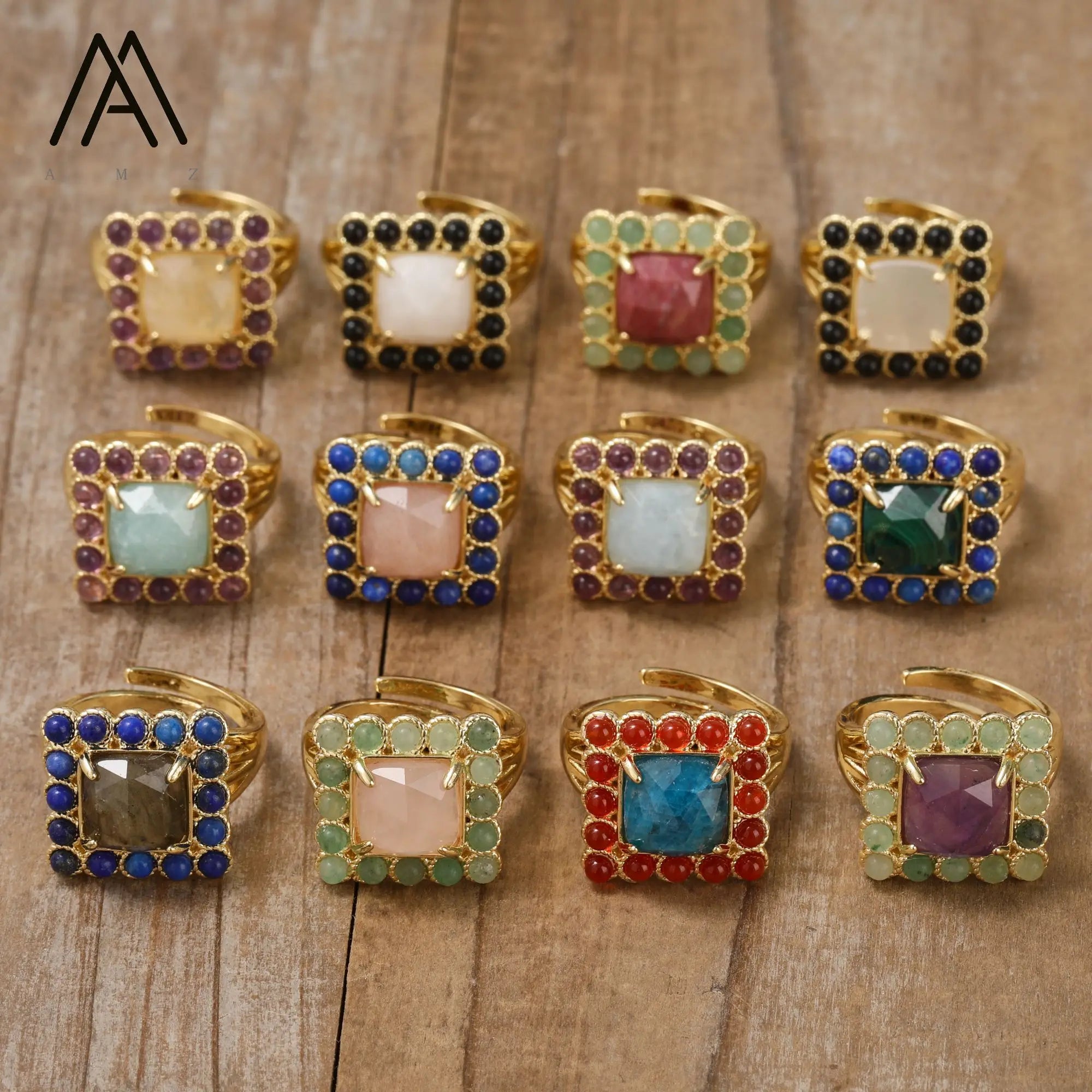 Newest Style Crystal Rings Healing Natural Gemstone Beads Square Shape Gold Ring Trendy Jewelry Gift to Lady