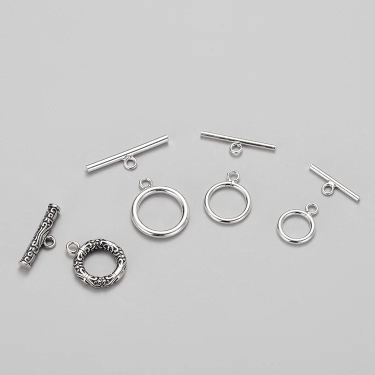 Antique Silver Toggle Clasp Shiny 925 Sterling Silver Round OT Clasp Ring T Bar Fasteners Lock