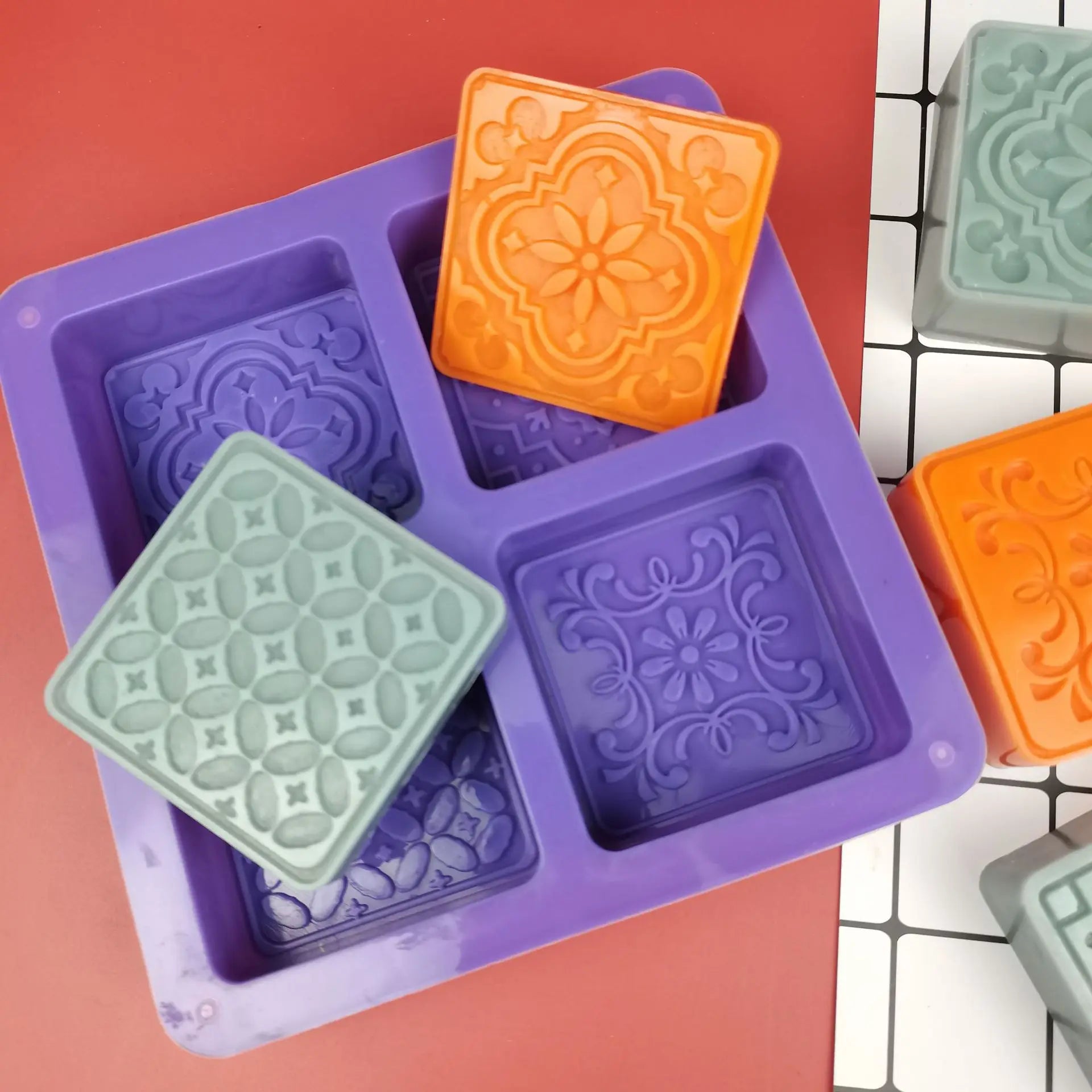 HY New Arrive 4 Cavity Different Floral Pattern Soap Mold Silicone Square Candle Chocolate Cake Mold