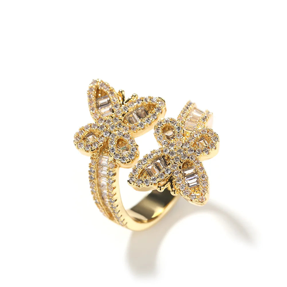 New Arrival Hip Hop Princess Cut Zircon 18K Gold Plated Adjustable Baguette Opening Double Butterfly Shape Wedding Women Ring