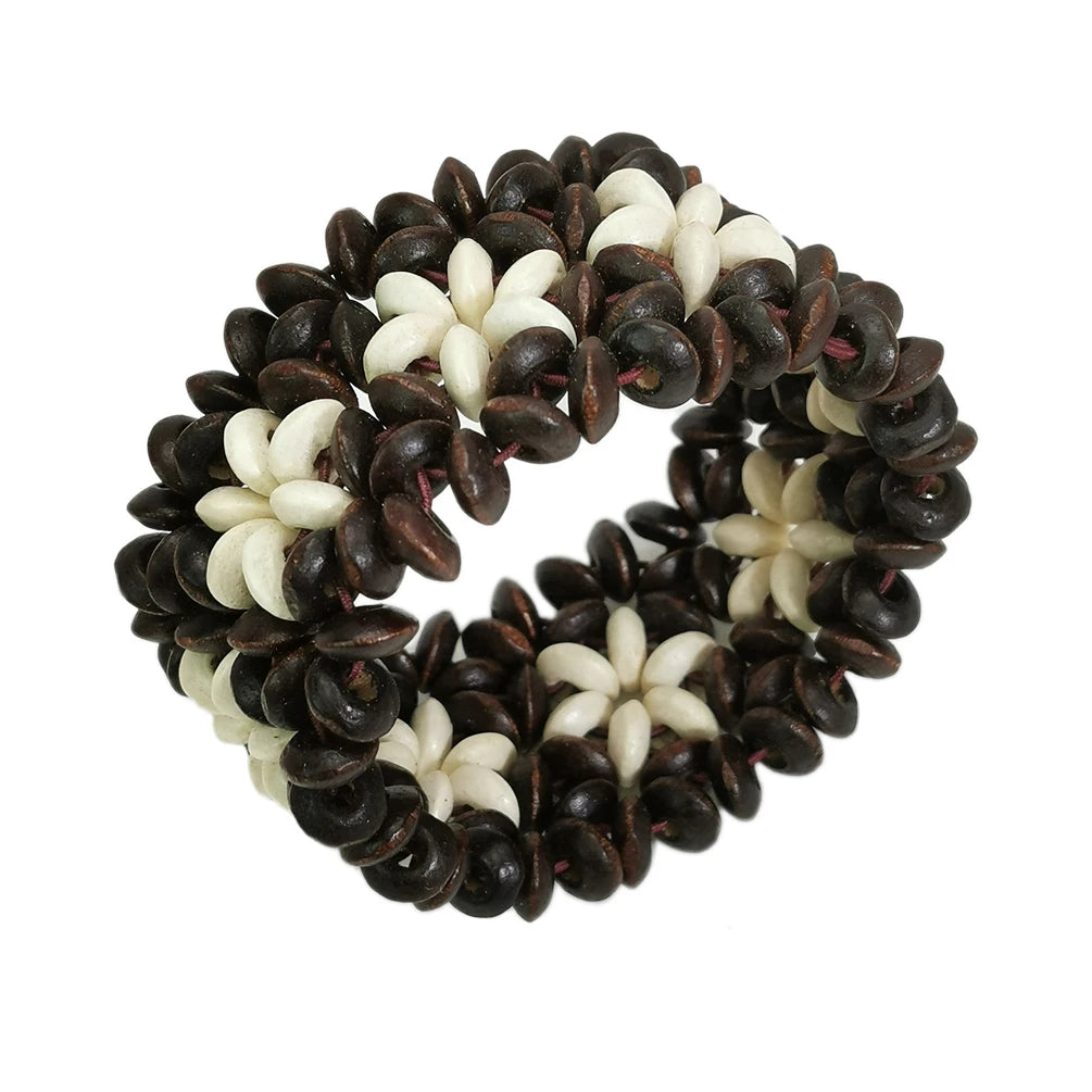 Boho Wooden Beads Flower Bracelet Handmade Elastic Cord Bracelet Ethnic Bangle Black Mix White Beads Fashion Accessories