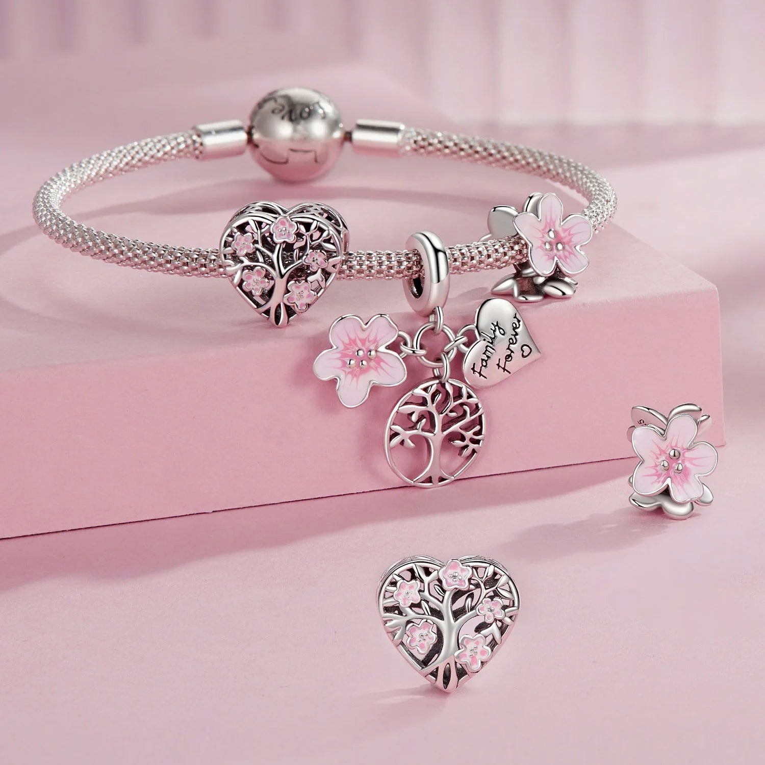 Factory Wholesale 925 Sterling Silver Pink Flower Spacer Beads Tree of Life Charms for Women Bracelet Making Accessories