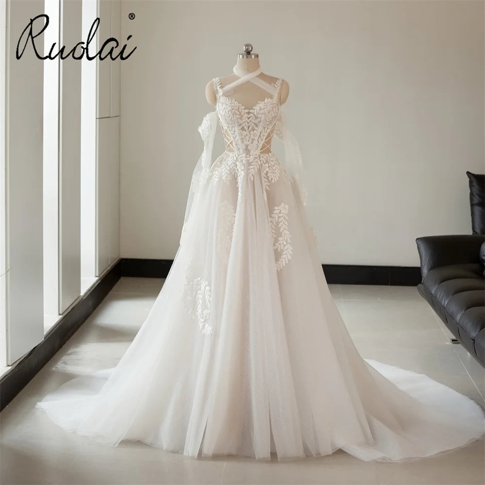 Ruolai QW02095 Sleeveless Cross Neck Zipper Back a Line Lace Bridal Wedding Gown Dress