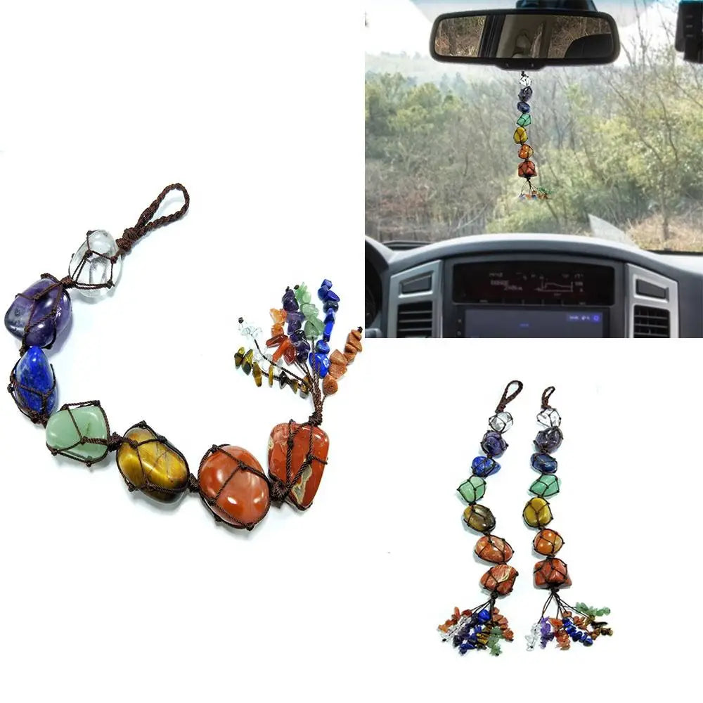 7 Chakra Crystals Car Chain Reiki Hand-knotted Rough Tumbled Stone Window Ornament Garden Car Ornament
