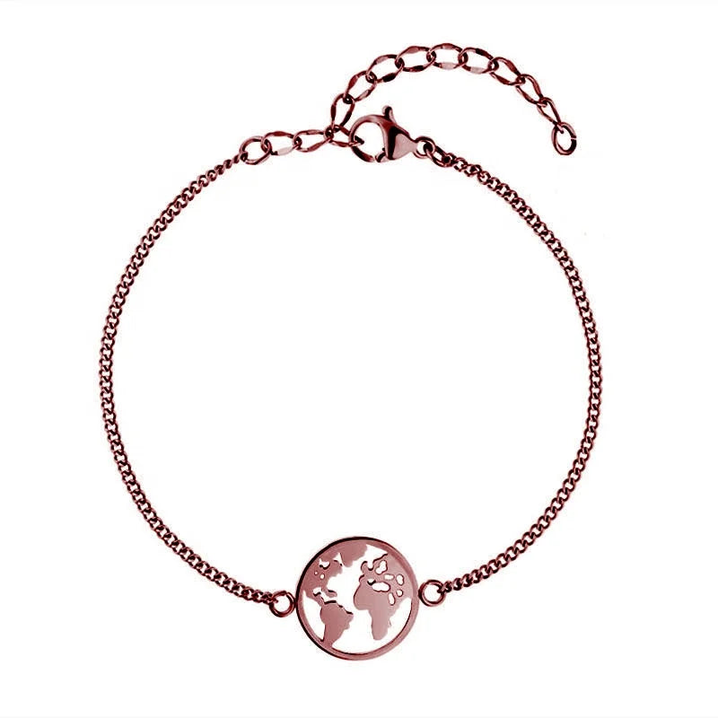 In Stock 15mm Round World Map Stainless Steel Bracelet Charms Gold Plated Trendy Fashion Chain & Link Bracelets