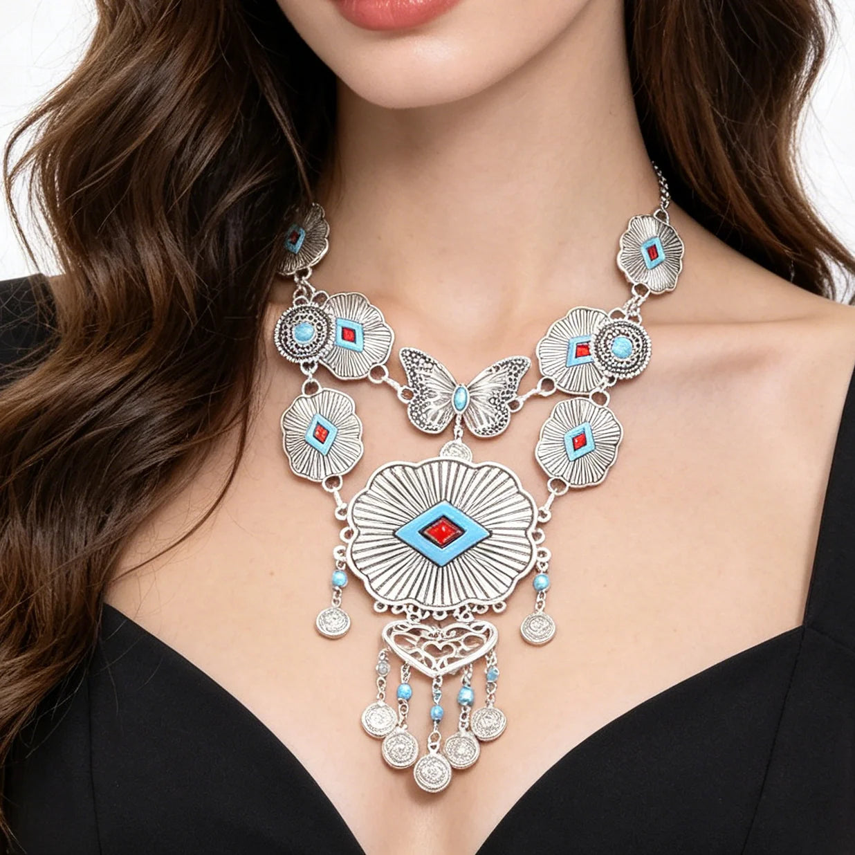 Bohemian Gypsy Flower Butterfly Choker Bib Necklace Carves Flower Coin Heart Chunky Statement Turkish Necklace