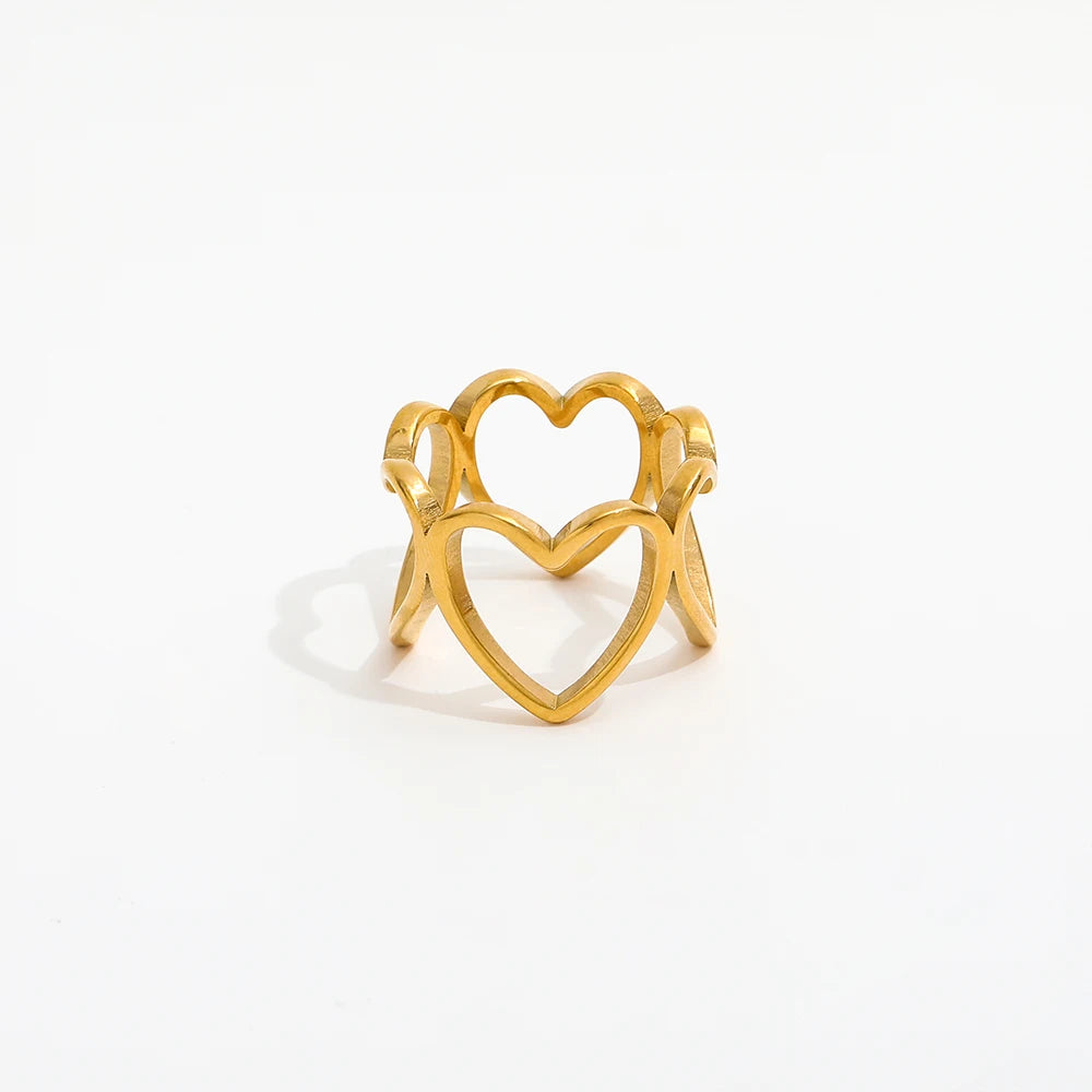 High End 18K PVD Gold Plated Lines Hollow Heart Statement Ring Stainless Steel Jewelry Women Gift