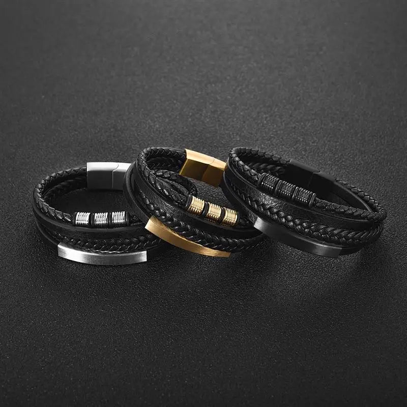 Wholesale Men's Stainless Steel Leather Bracelets Hand Woven Multilayer Combination Fashion Jewelry Wholesale Fashion Bangles