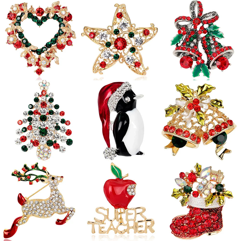 Wholesales Custom Fashion Christmas Tree Brooches Vintage Alloy Crystal Rhinestone Brooch Pins for Festival Gift