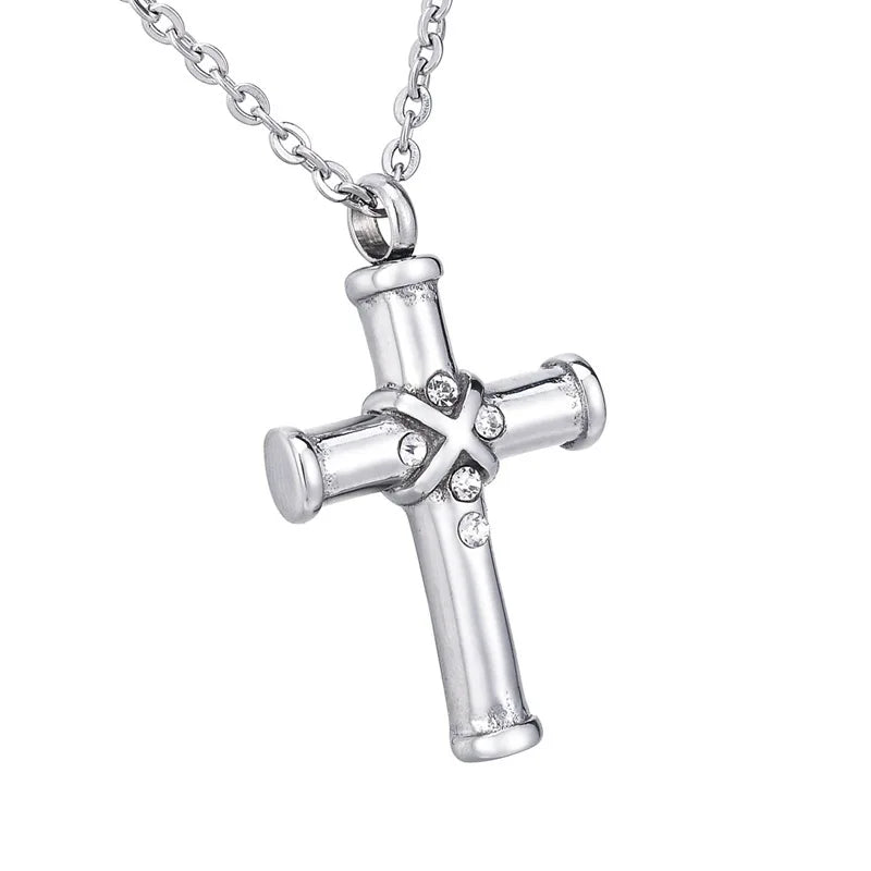 Micro-Diamond Cross Stainless Steel Ashes Urn Pendant Waterproof Christian Commemorative Cremation Charm Pendant