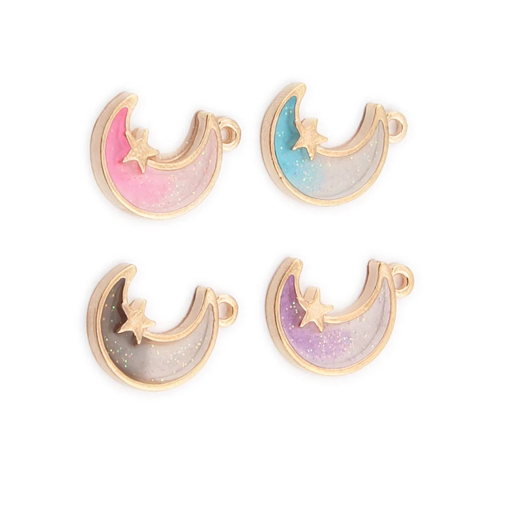 New Fashion 100Pcs Gold Tone Plated Glitter Moon Star Charms Enamel Alloy Moon Pendants for Jewelry Making Findings