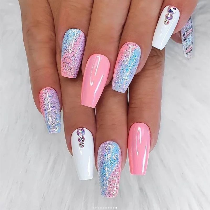 24 Pcs Press on Nails Medium Fake Acrylic Ballet French Mix Color Adhesive Tape on Nails Design Nails for Women and Girls