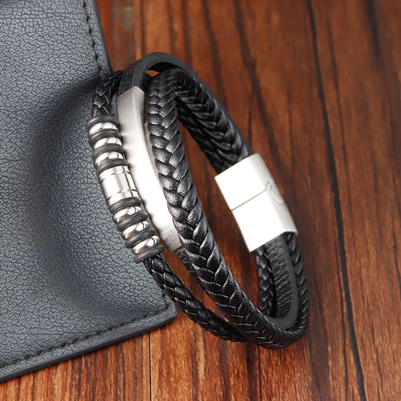 Men's Leather Accessories Simple Braided Leather Bracelet Vintage Stainless Steel Beaded Leather Bracelets