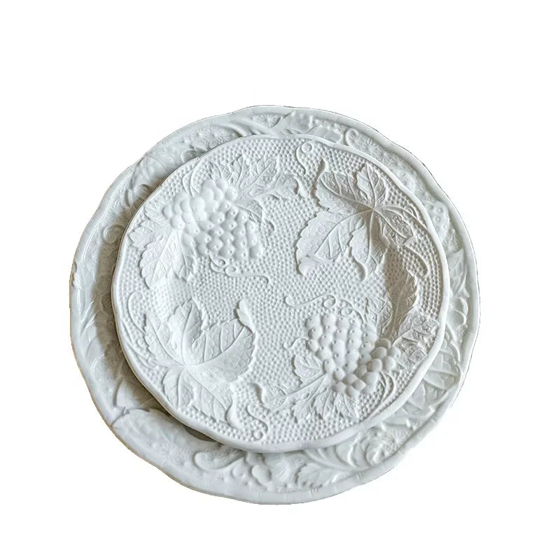 French Relief Ceramic Dinnerware European Grape Pattern Ceramic Dishes White Vintage Steak Dessert Plate for Wedding