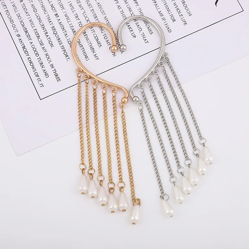 Non Pierced Alloy Plated Heart Shaped Ear Hook Crystal Rhinestone Moon Star Long Exaggerated Long Tassel Earrings